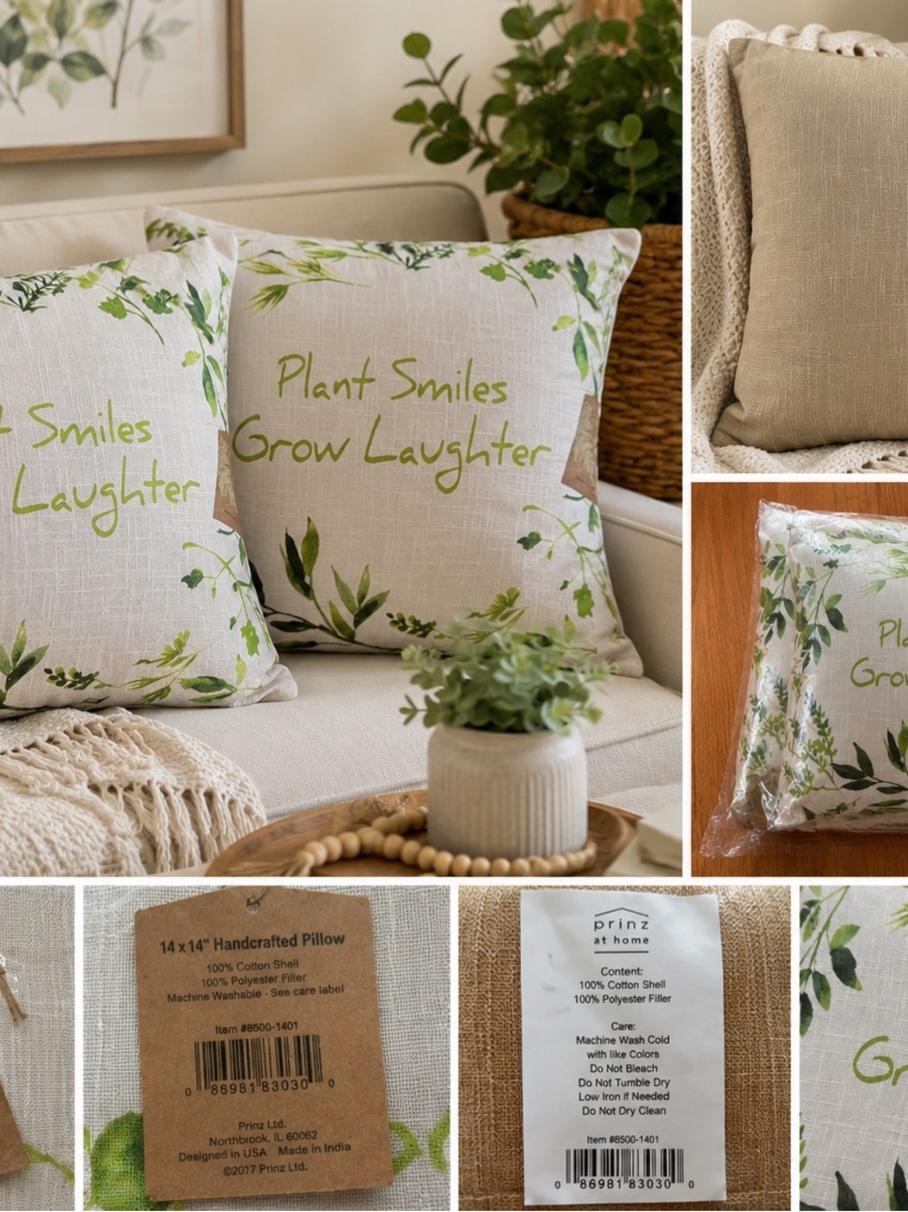 Prinz At Home Plant Smiles Grow Laughter Throw Pillows Set Of 2 14x14 NWT